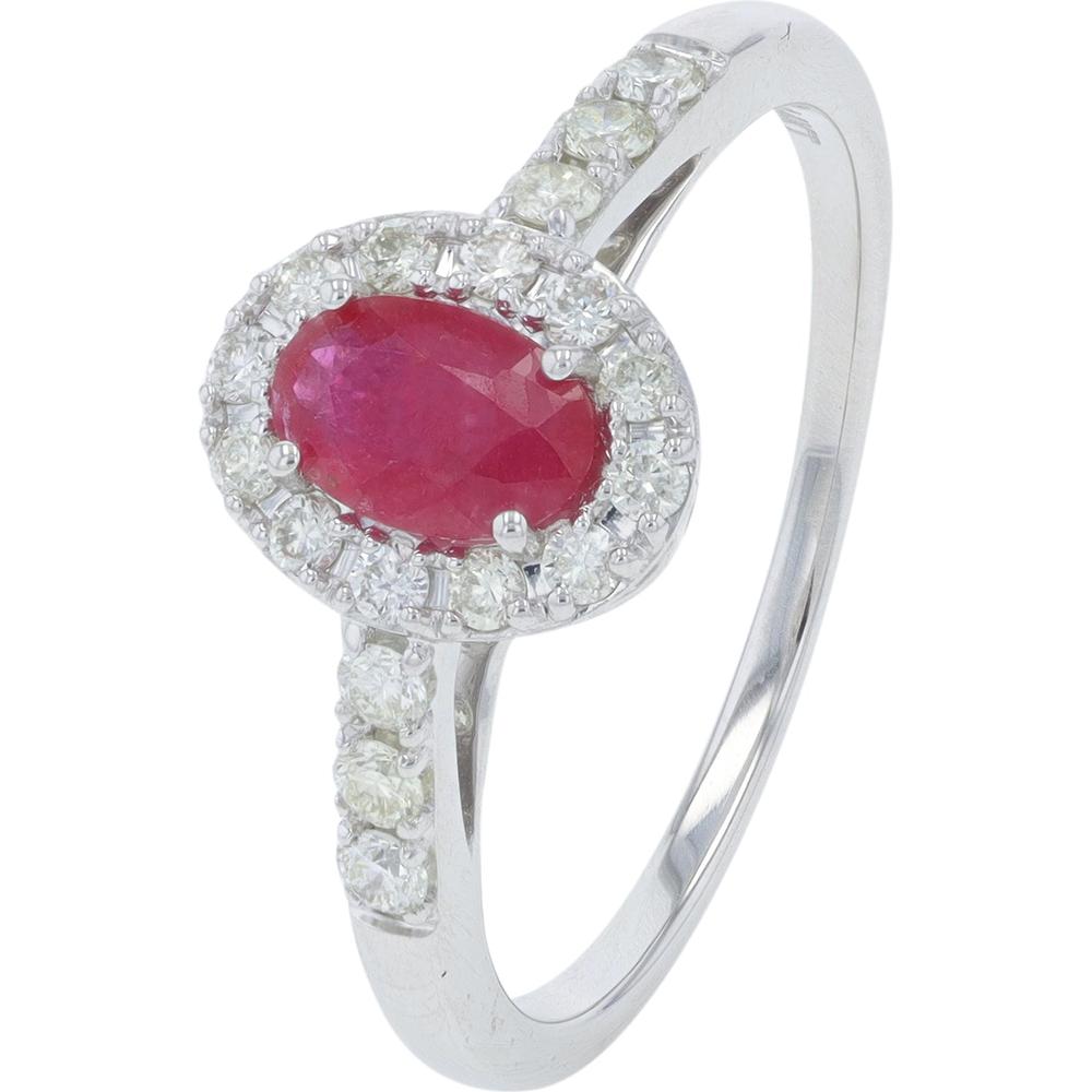 14K White Gold 0.55 Carat Oval Ruby Halo Ring with 0.30 Carat Diamond Accents