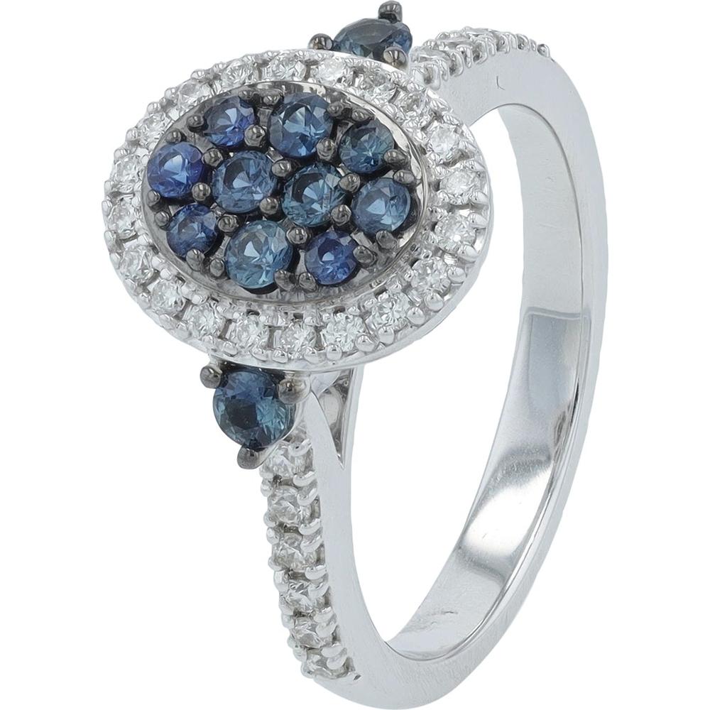 14K White Gold 0.55 Carats Sapphire Cluster Ring with 0.30 Carats Diamond Halo