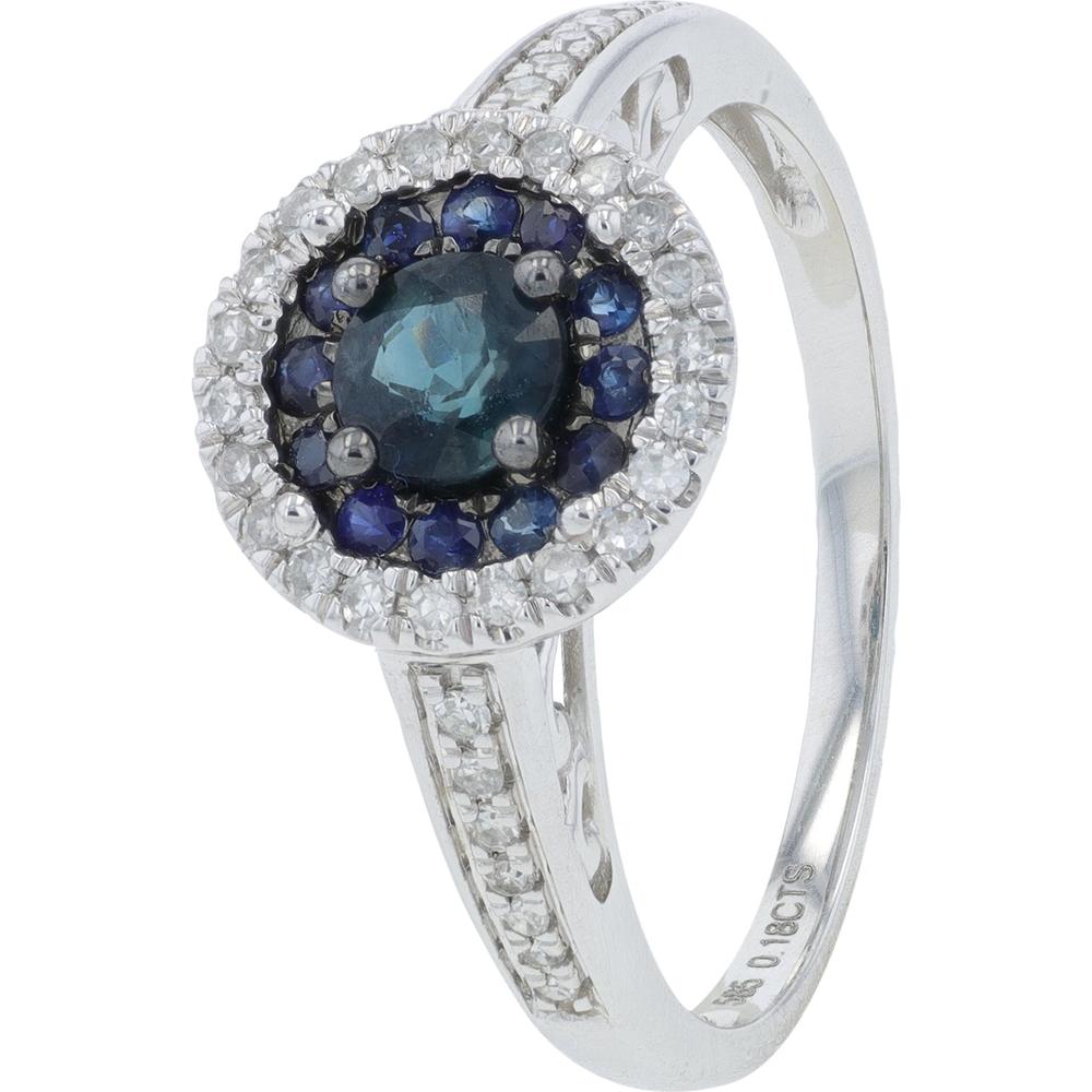 14K White Gold 0.60 Carat Sapphire Halo Ring with Diamond Accent - 0.18 Carat Total Diamond Weight