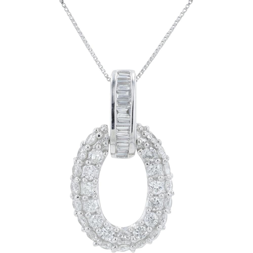 14K White Gold 0.63 Carat Diamond Oval Pendant with Baguette and Round Diamonds