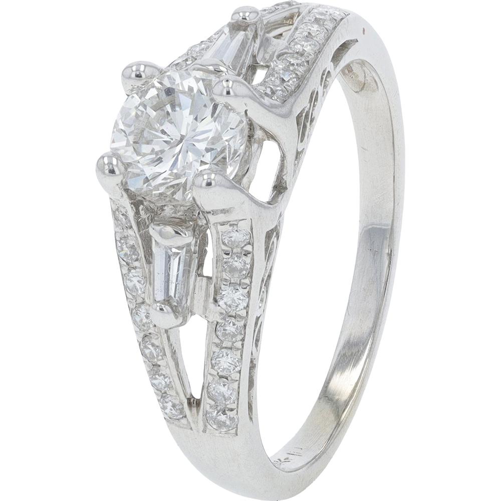 14K White Gold 0.63 Carat Round Diamond Engagement Ring with Baguette and Round Accent Diamonds - 1.01 Carat Total Diamond Weight