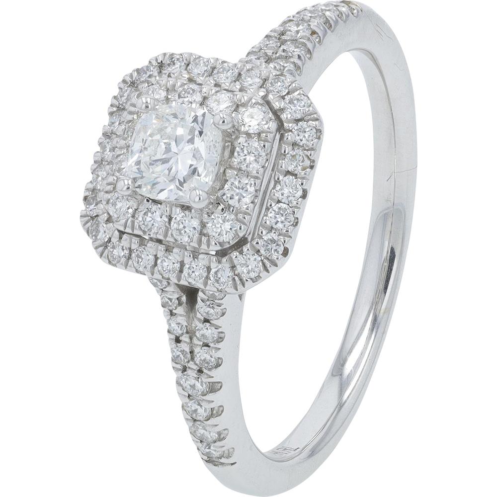 14K White Gold 0.63 Carat Total Diamond Cushion Cut Halo Engagement Ring