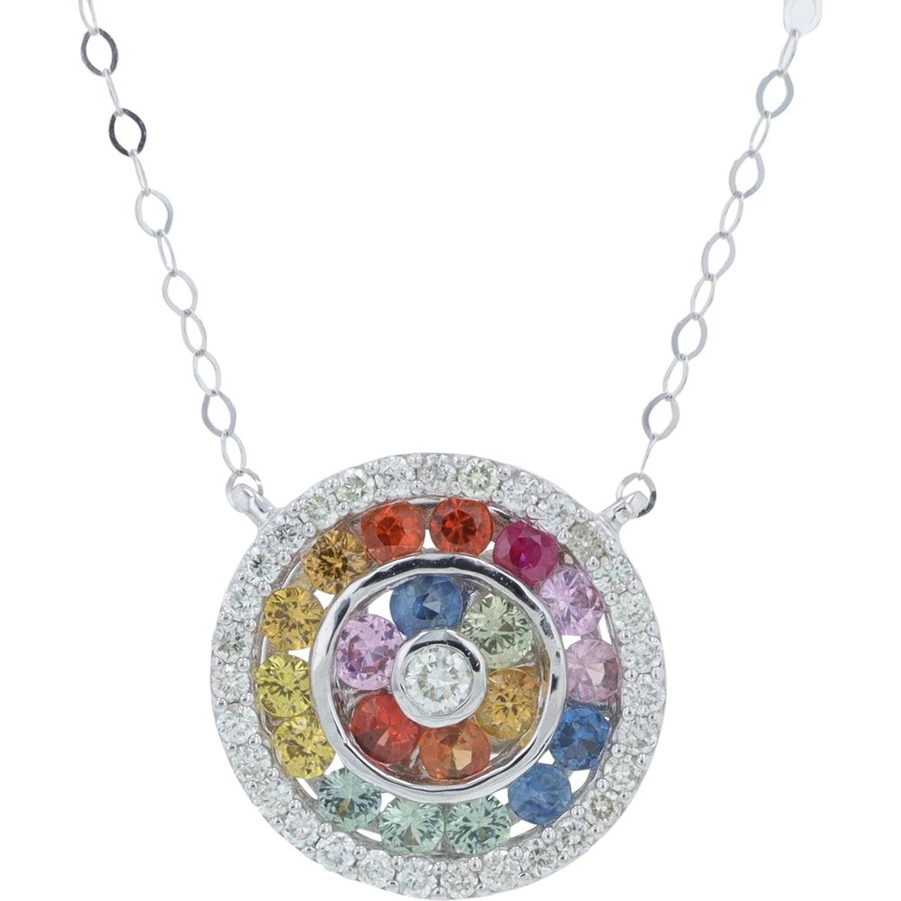 14K White Gold 0.65 Carat Multi Sapphire Pendant with 0.20 Carat Diamond Halo
