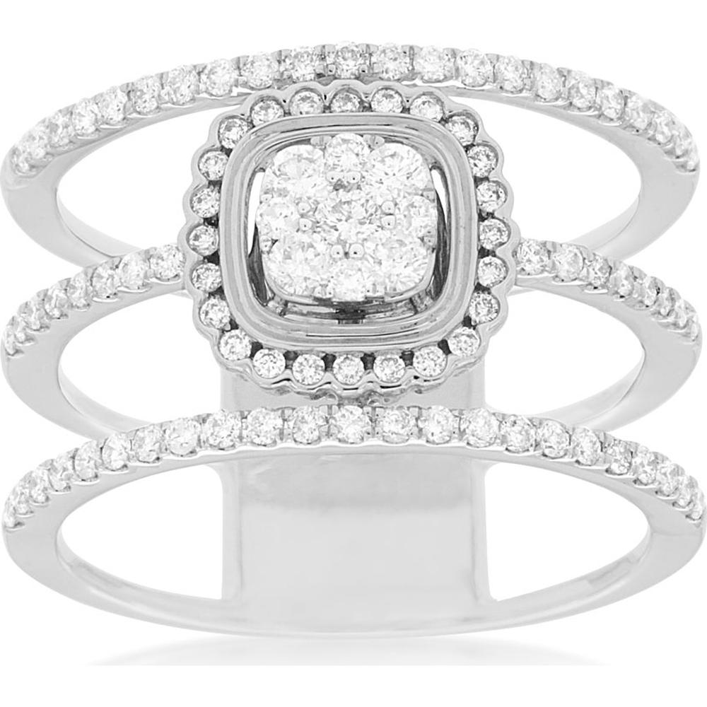 14K White Gold 0.65 Carats Diamond Cluster Ring with Three Band Design and Halo Setting