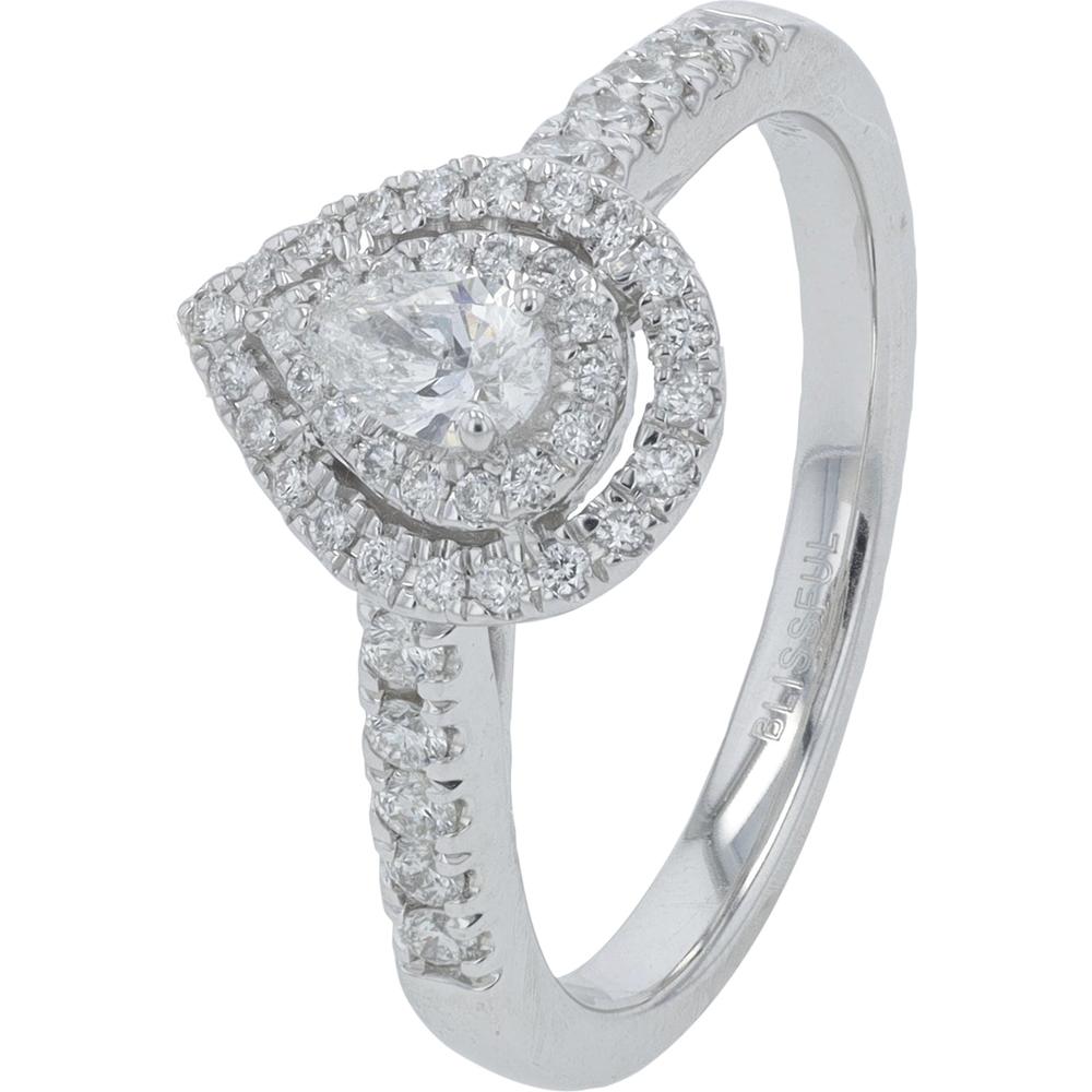14K White Gold 0.70 Carat Diamond Engagement Ring with Pear Cut Center and Halo Accents