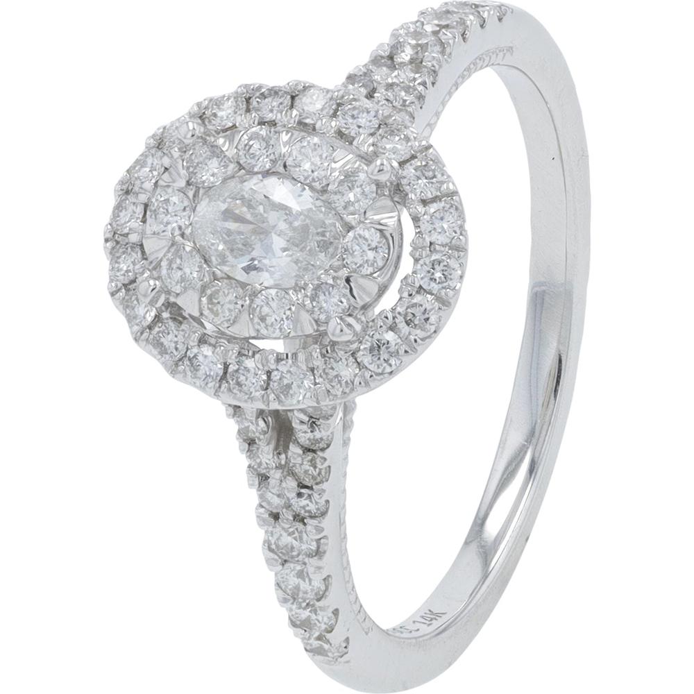 14K White Gold 0.75 Carat Diamond Engagement Ring with Oval Center and Halo Accents