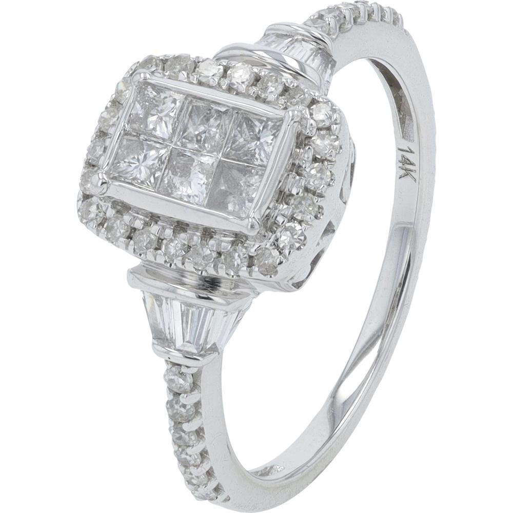 14K White Gold 0.75 Carat Diamond Engagement Ring with Princess Cut and Halo Accents