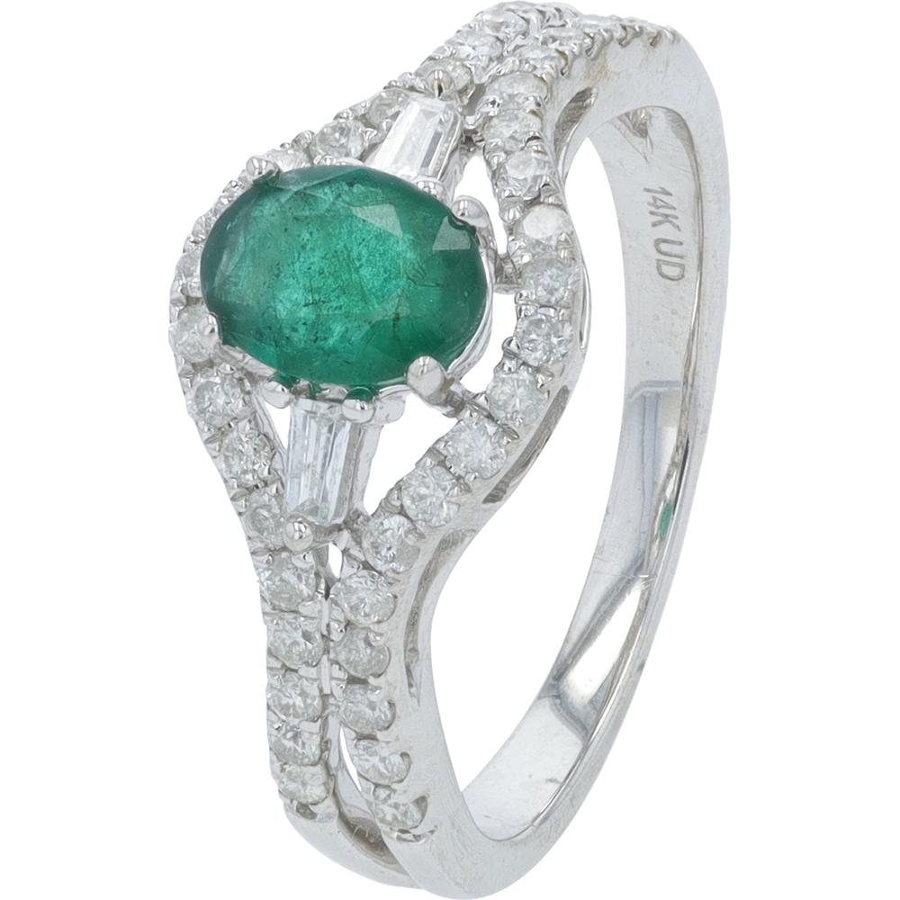 14K White Gold 0.75 Carat Emerald Ring with 0.50 Carat Diamond Halo - Oval Emerald Center
