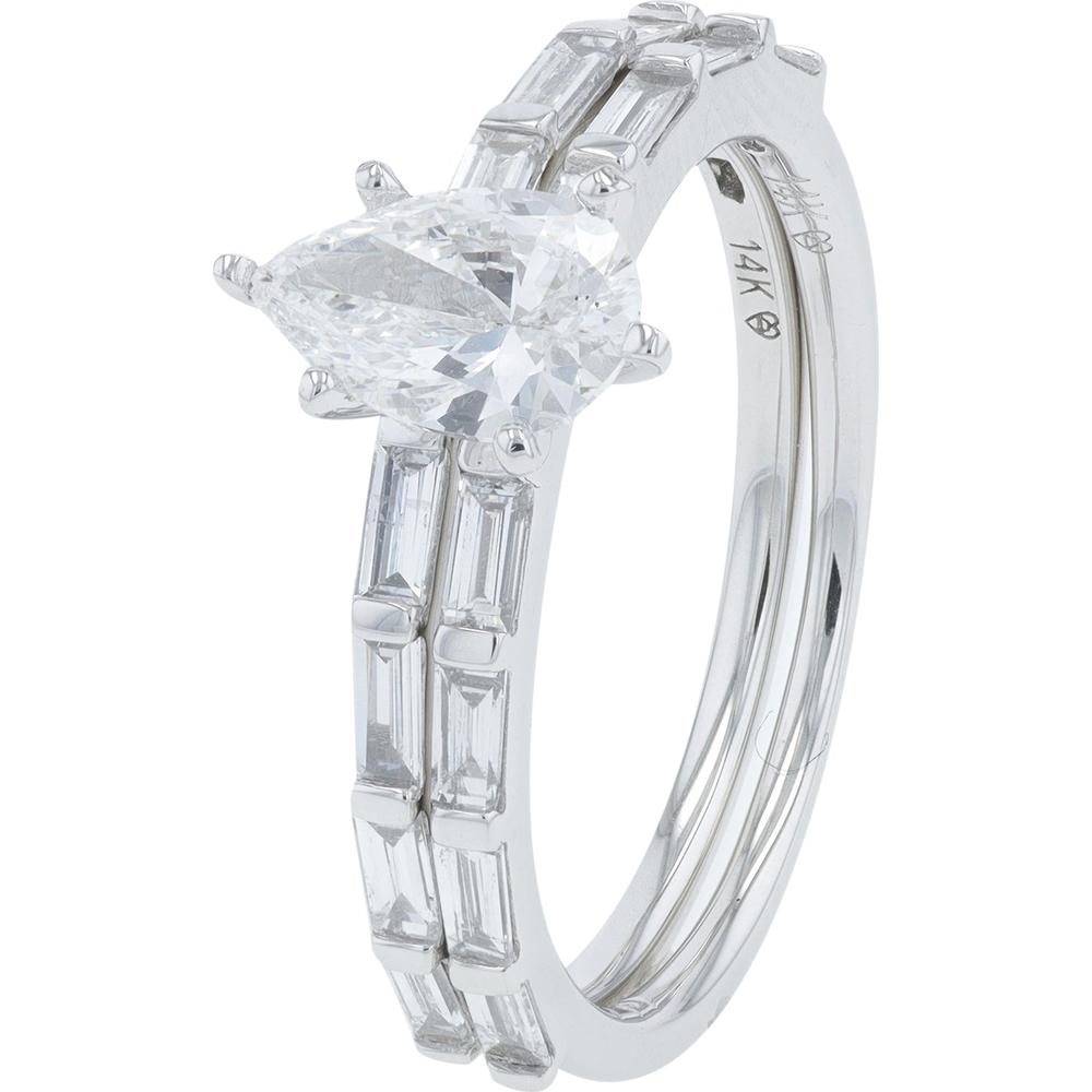 14K White Gold 0.75 Carat Pear Cut Lab Grown Diamond Bridal Set with Baguette Accents - 1.33 Carat Total Diamond Weight