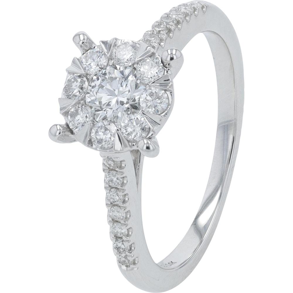 14K White Gold 0.75 Carat Round Diamond Halo Engagement Ring with Pavé Accent Diamonds
