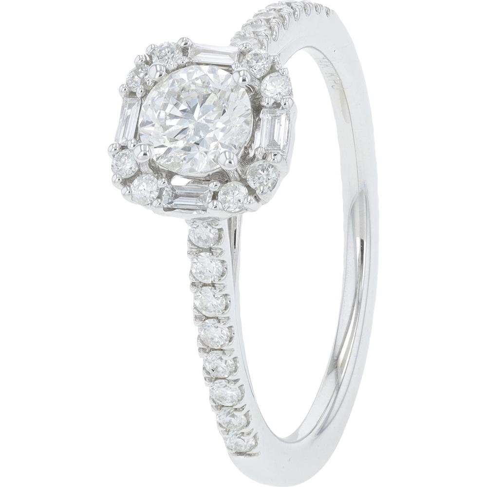 14K White Gold 0.80 Carat Total Diamond Halo Engagement Ring with Round Brilliant Diamonds
