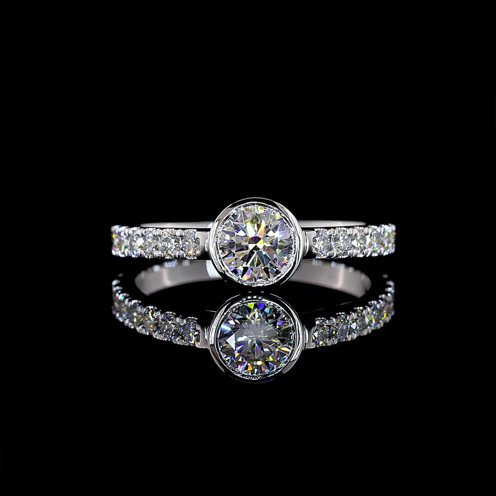 14K White Gold 0.85 Carat Round Brilliant Bezel Set Solitaire Diamond Shank Ring with E-F VS1 Lab Grown Diamonds - Covaloro Fine Jewelry