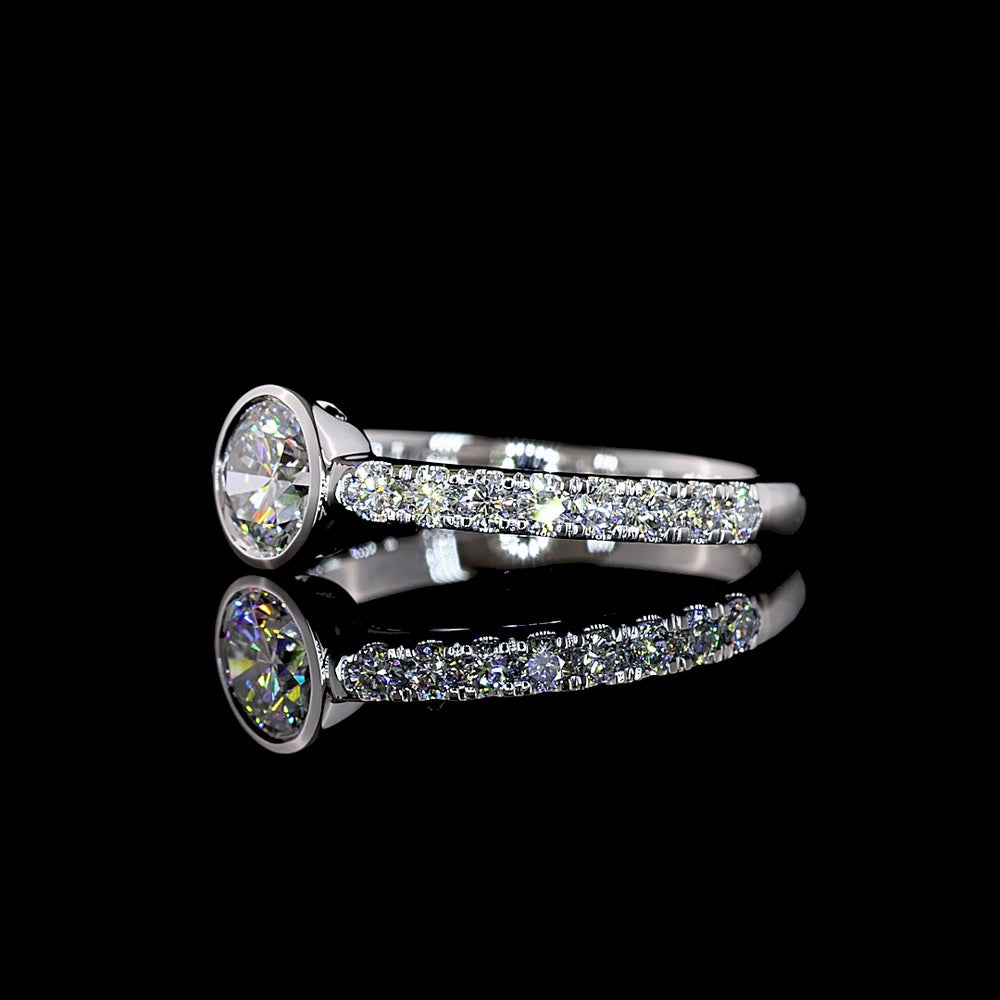 14K White Gold 0.85 Carat Round Brilliant Bezel Set Solitaire Diamond Shank Ring with E-F VS1 Lab Grown Diamonds - Covaloro Fine Jewelry