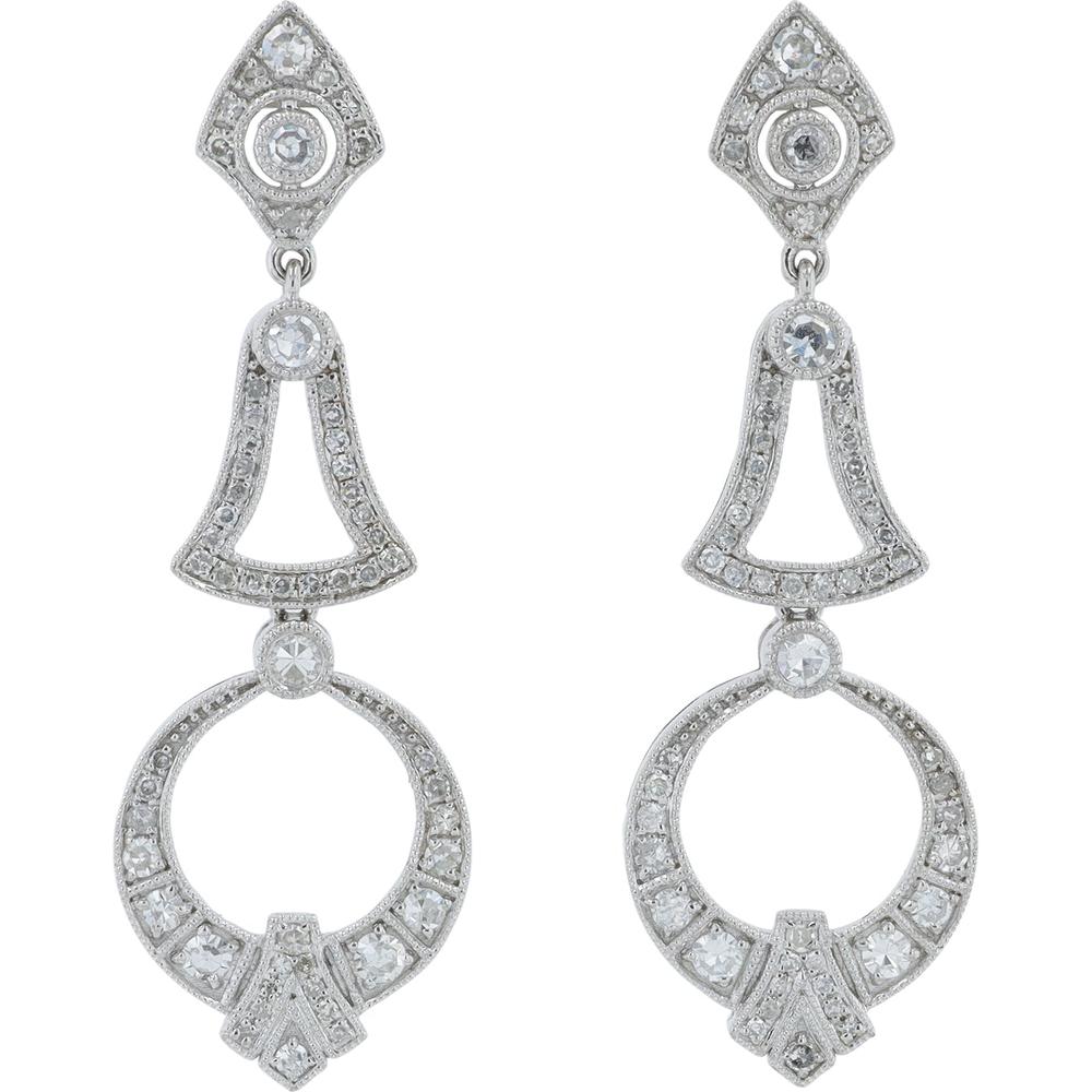 14K White Gold 0.87 Carat Total Diamond Drop Earrings with Milgrain Detailing