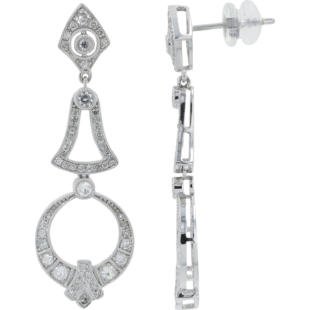 14K White Gold 0.87 Carat Total Diamond Drop Earrings with Milgrain Detailing