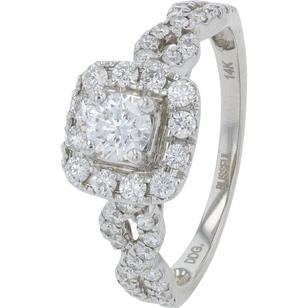 14K White Gold 0.88 Carats Total Carats Weight Cushion Cut Halo Diamond Engagement Ring