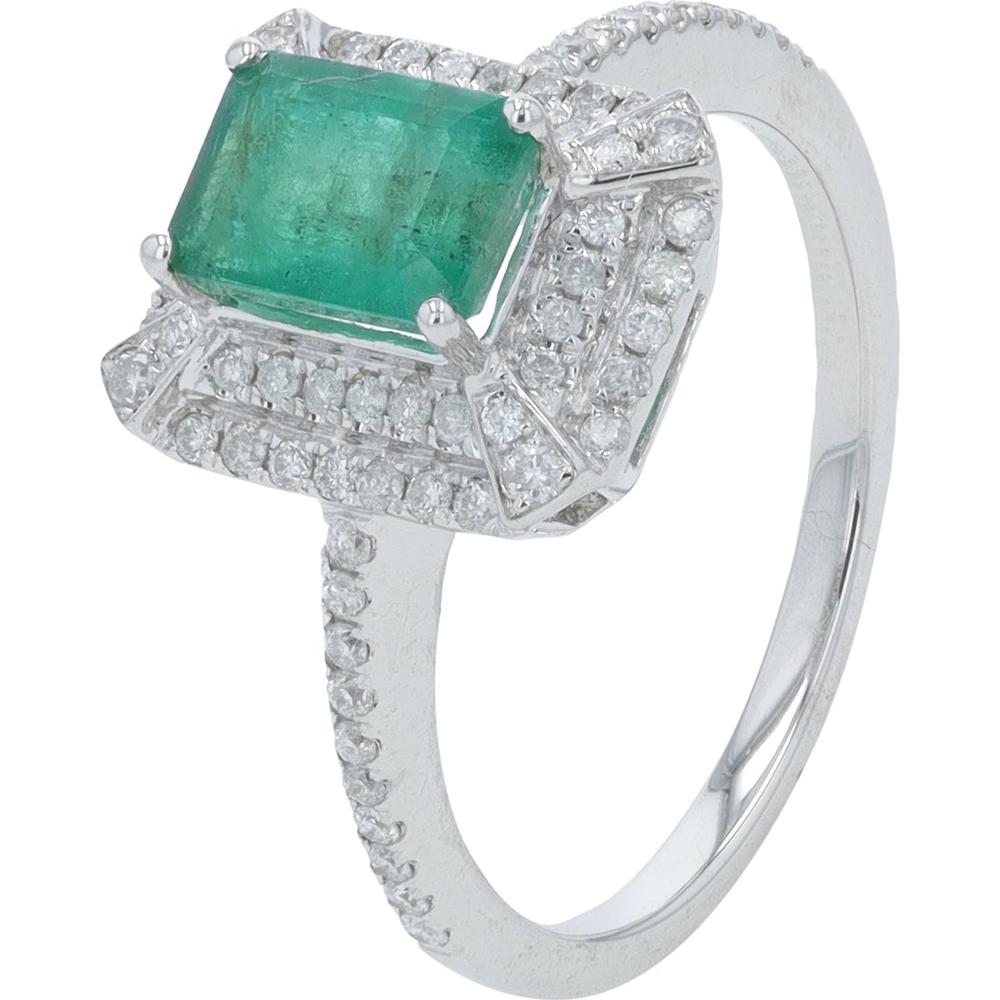14K White Gold 0.90 Carat Emerald Center Ring with 0.33 Carat Diamond Halo