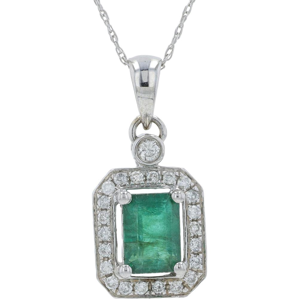 14K White Gold 0.90 Carat Emerald Necklace with 0.20 Carat Diamond Halo - 18" Chain