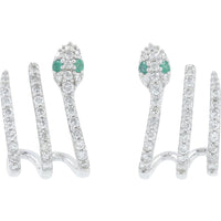 14K White Gold 0.90 Carat Total Diamond Snake Earrings with 0.06 Carat Emerald Eyes