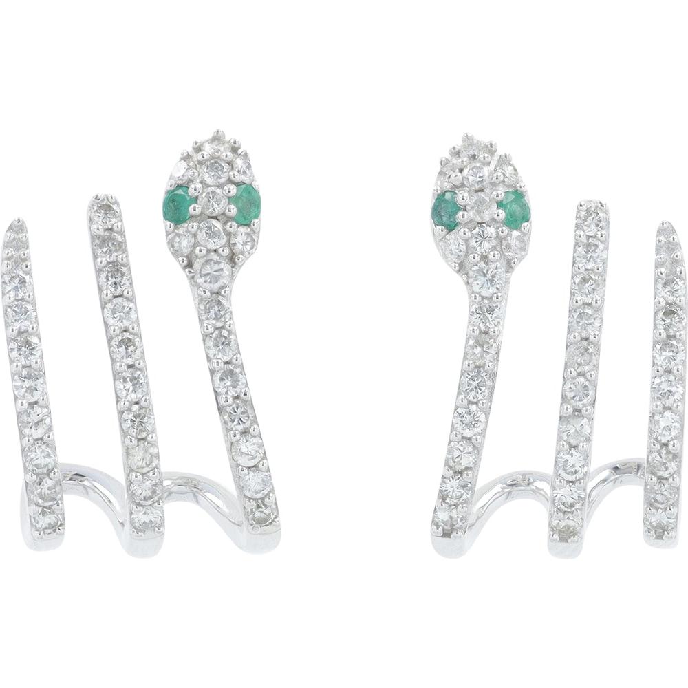 14K White Gold 0.90 Carat Total Diamond Snake Earrings with 0.06 Carat Emerald Eyes