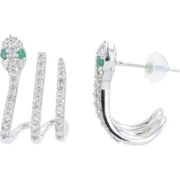 14K White Gold 0.90 Carat Total Diamond Snake Earrings with 0.06 Carat Emerald Eyes