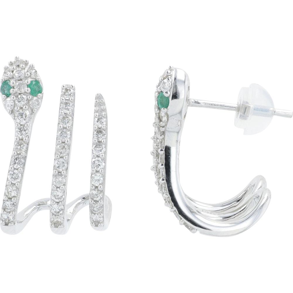 14K White Gold 0.90 Carat Total Diamond Snake Earrings with 0.06 Carat Emerald Eyes