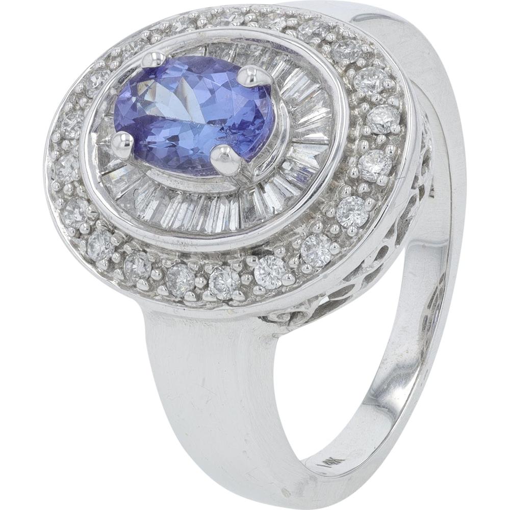 14K White Gold 0.93 Carat Oval Tanzanite Ring with 0.60 Carat Round and Baguette Diamond Halo