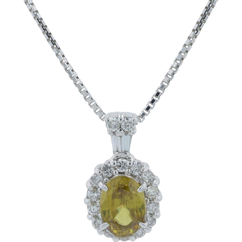 14K White Gold 0.98 Carat Oval Sphene Pendant with 0.27 Carat Diamond Halo - 18" Chain