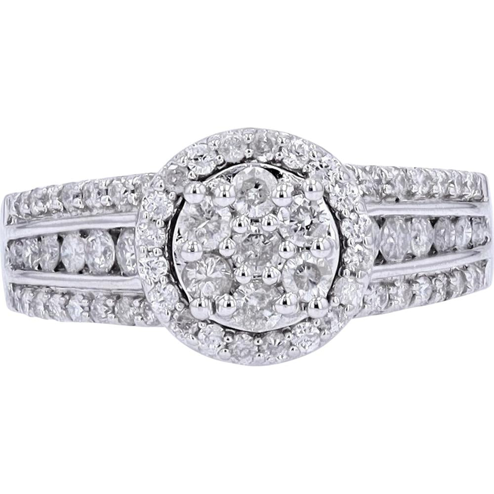 14K White Gold 1.00 Carat Diamond Cluster Halo Engagement Ring