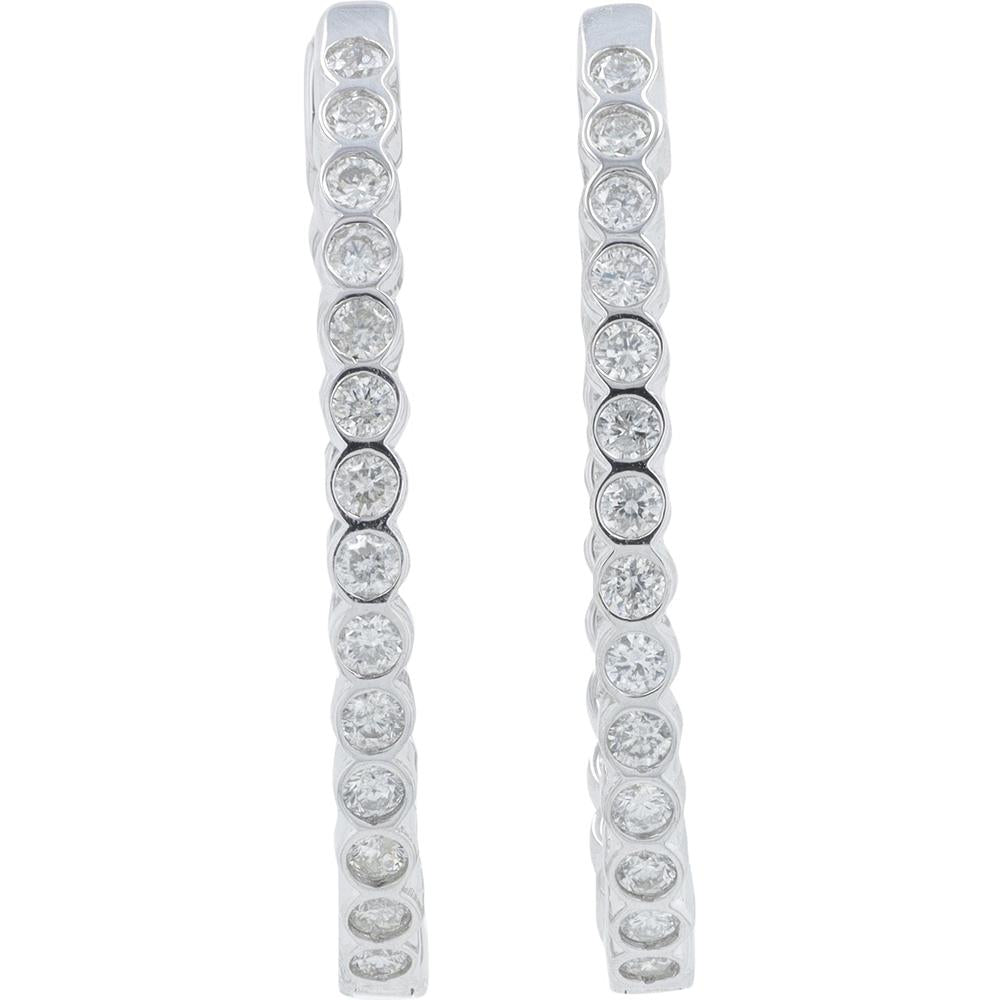 14K White Gold 1.00 Carat Diamond Inside - Out Hoop Earrings - Bezel Set