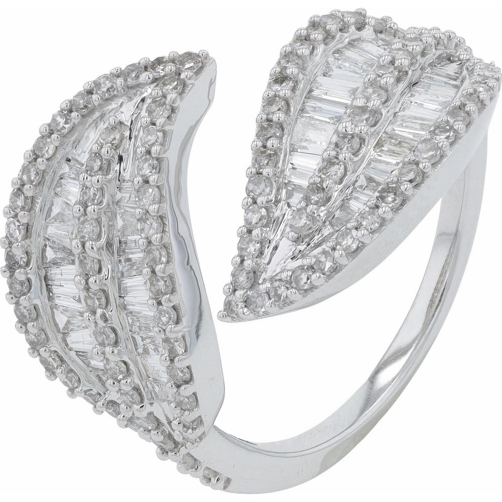 14K White Gold 1.00 Carat Diamond Leaf Bypass Ring with Baguette and Round Diamonds