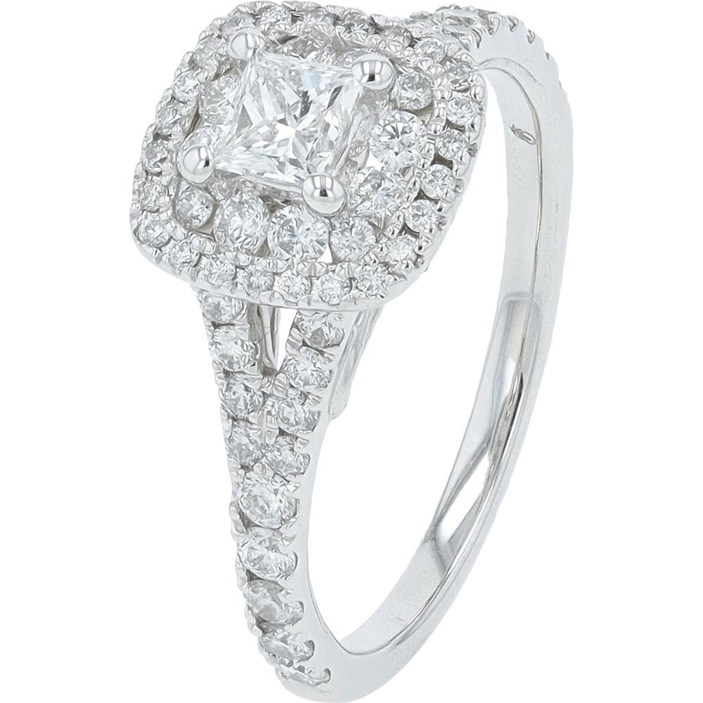 14K White Gold 1.00 Carat Round Diamond Halo Engagement Ring with Split Shank Design