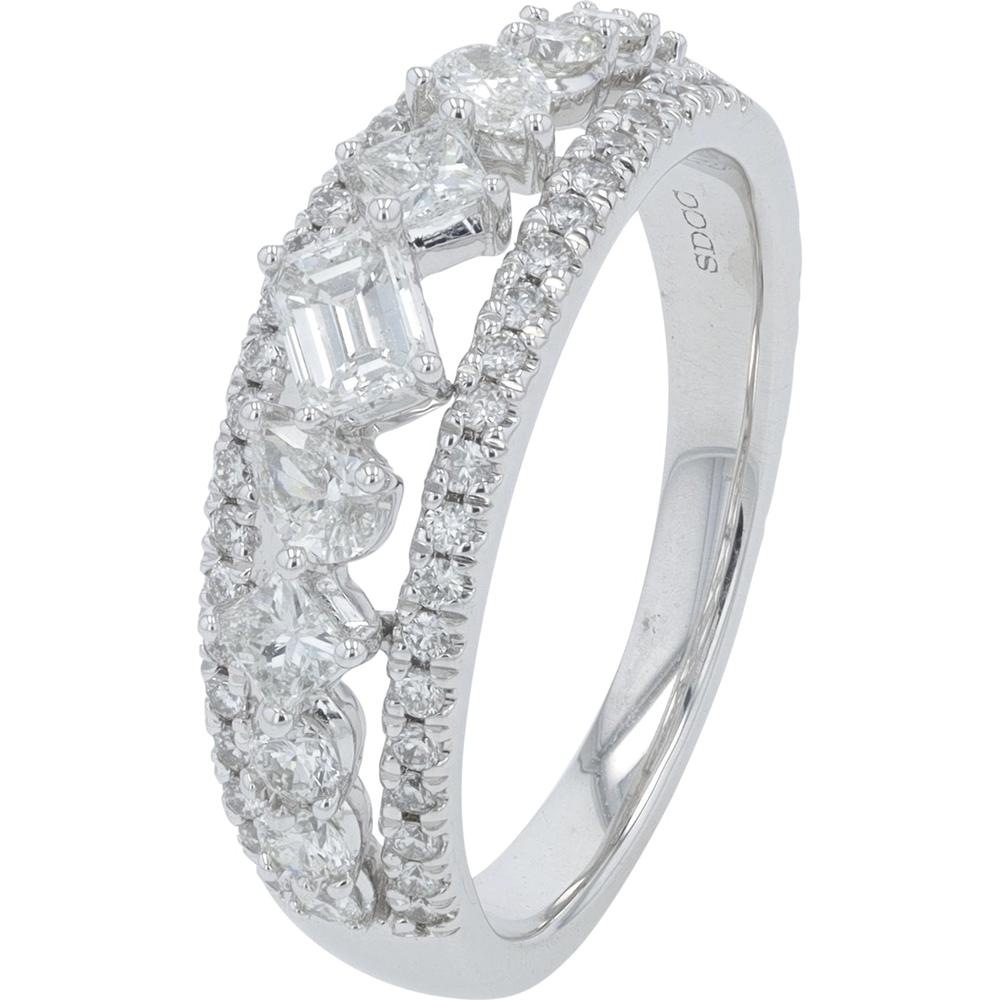 14K White Gold 1.00 Carat Total Diamond Band with Emerald, Pear, and Round Cut Diamonds
