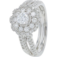 14K White Gold 1.00 Carat Total Diamond Bridal Set with Halo and Pavé Split Shank - Round Diamonds