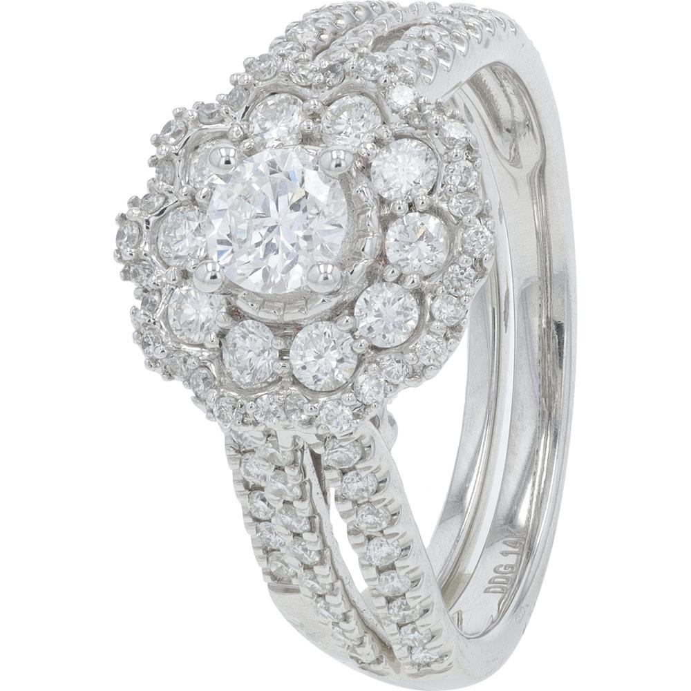 14K White Gold 1.00 Carat Total Diamond Bridal Set with Halo and Pavé Split Shank - Round Diamonds