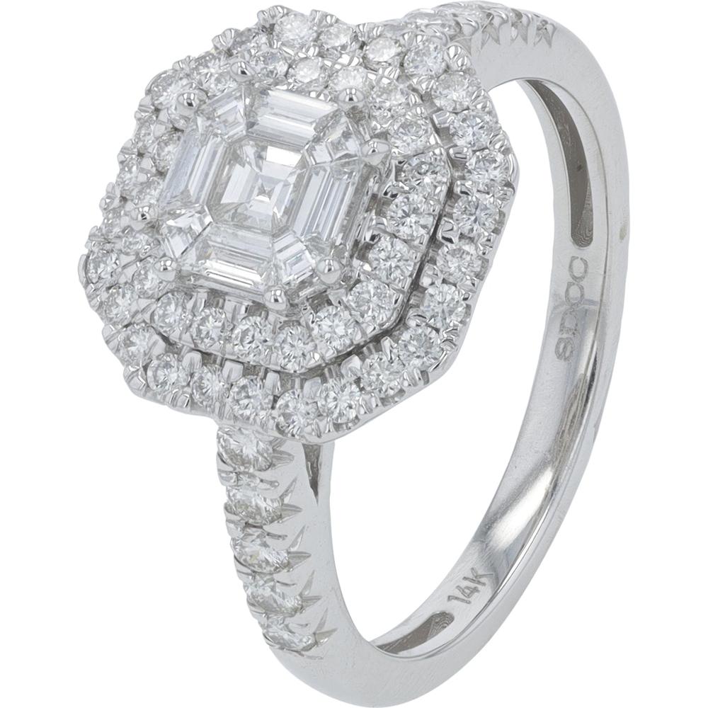 14K White Gold 1.00 Carat Total Diamond Halo Ring with Baguette and Round Diamonds