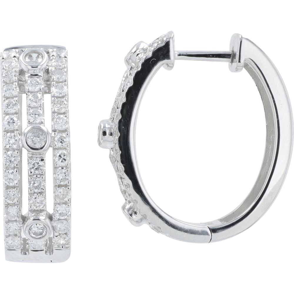 14K White Gold 1.00 Carat Total Diamond Hoop Earrings with Bezel and Prong Set Diamonds