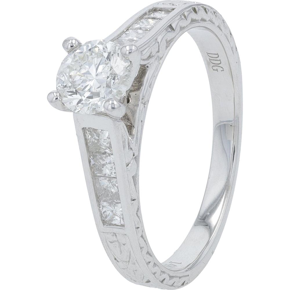 14K White Gold 1.00 Carat Total Diamond Weight Engagement Ring with Princess Cut and Round Brilliant Diamonds