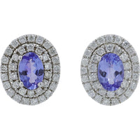 14K White Gold 1.00 Carat Total Tanzanite Oval Stud Earrings with 0.63 Carat Diamond Halo