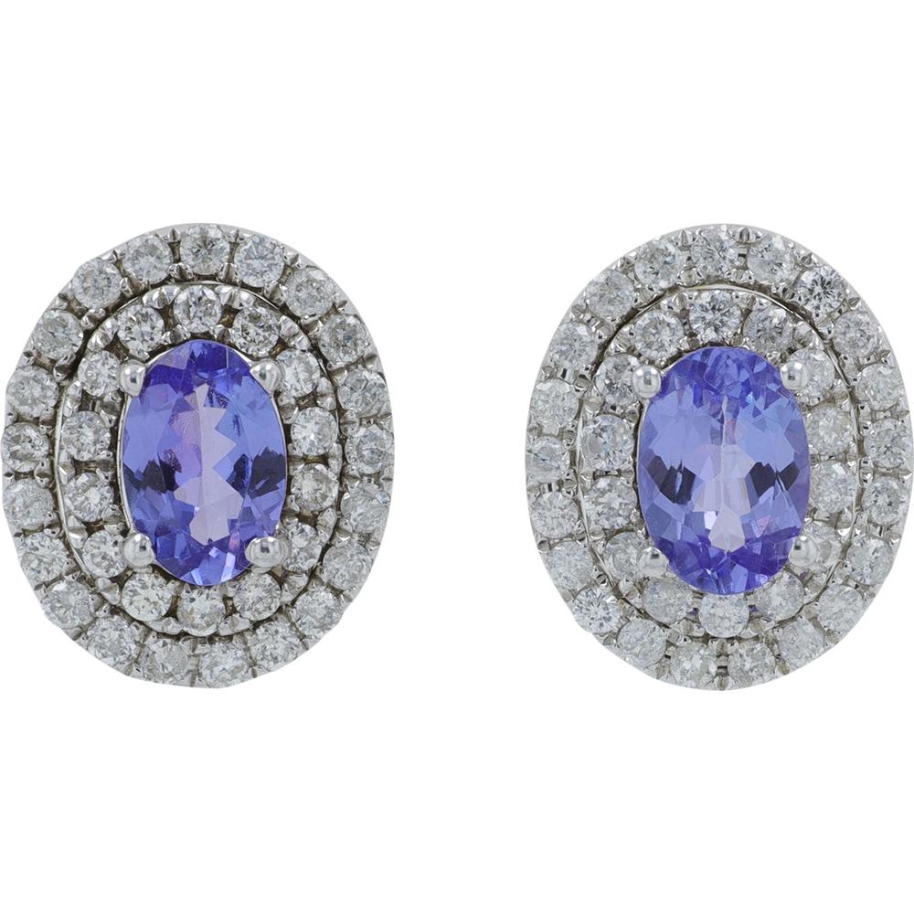 14K White Gold 1.00 Carat Total Tanzanite Oval Stud Earrings with 0.63 Carat Diamond Halo