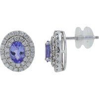 14K White Gold 1.00 Carat Total Tanzanite Oval Stud Earrings with 0.63 Carat Diamond Halo