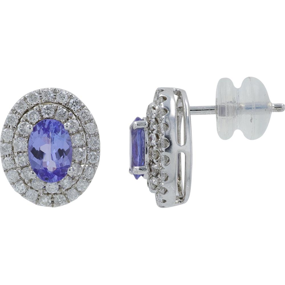 14K White Gold 1.00 Carat Total Tanzanite Oval Stud Earrings with 0.63 Carat Diamond Halo