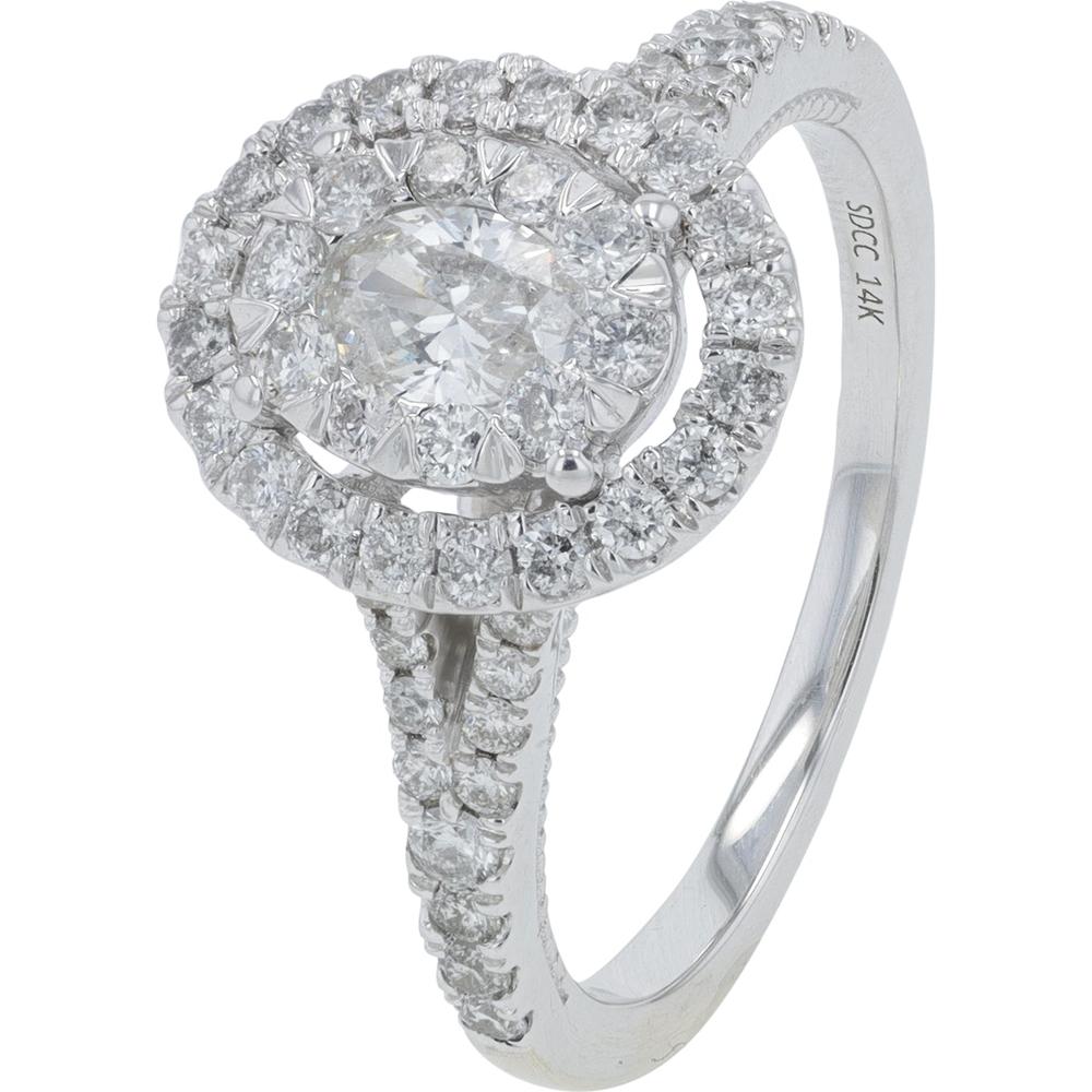 14K White Gold 1.00 Carat Total Weight Diamond Ring with Halo and Pave Accents - 0.33 Carat Center Diamond