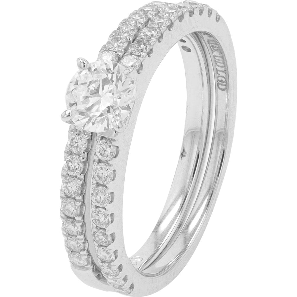 14K White Gold 1.00 Carat Total Weight Lab-Grown Diamond Bridal Set with Round Brilliant Center Stone and Shared-Prong Diamond Bands