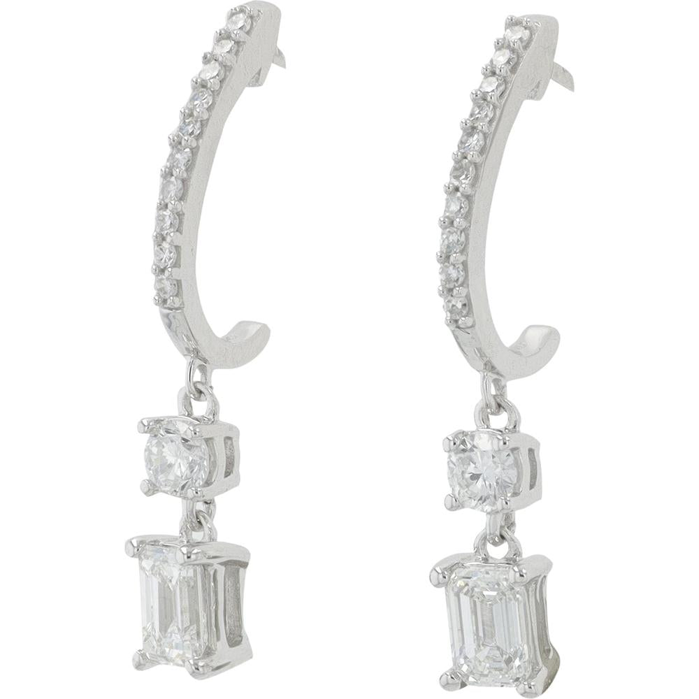 14K White Gold 1.00 Carat Total Weight Lab Grown Diamond J - Hoop Earrings with Round and Emerald Cut Stones