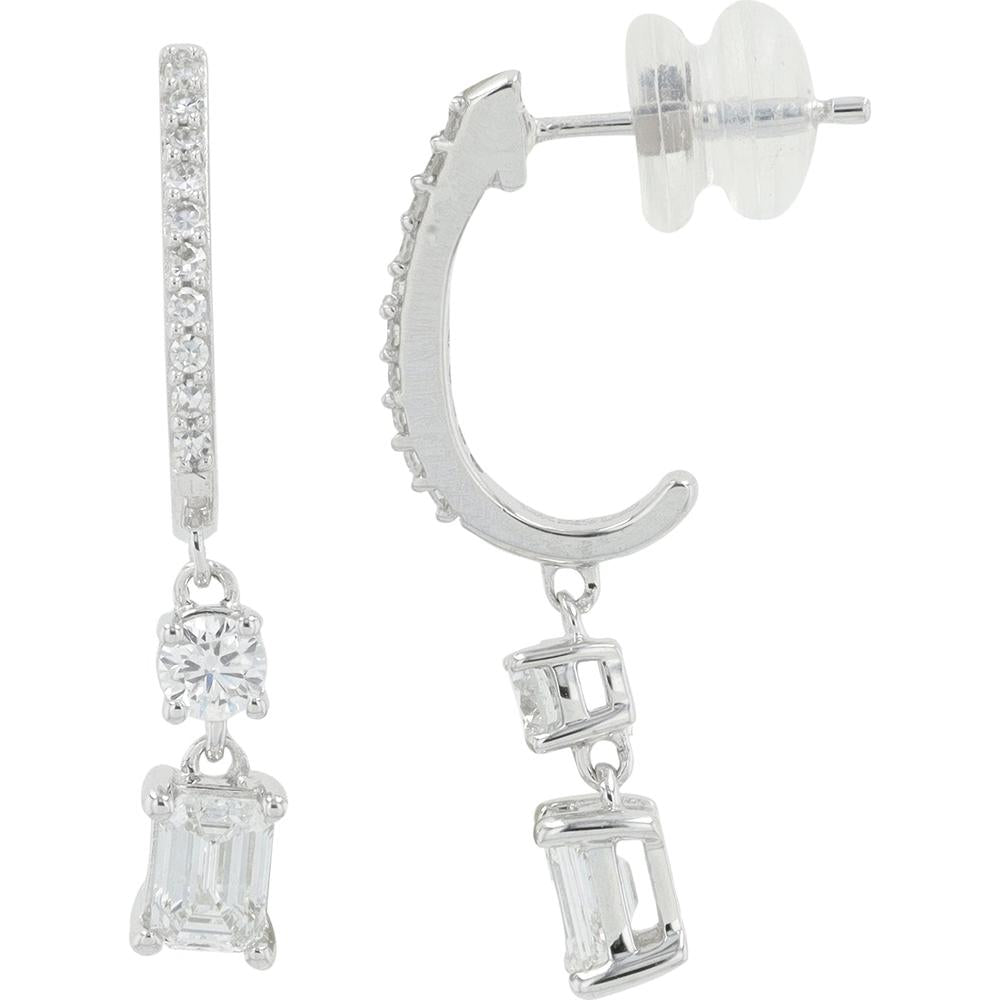 14K White Gold 1.00 Carat Total Weight Lab Grown Diamond J - Hoop Earrings with Round and Emerald Cut Stones