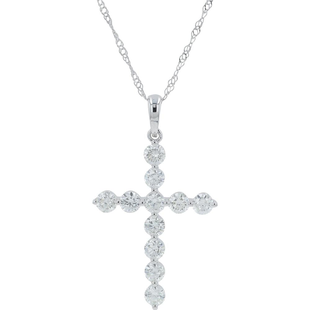 14K White Gold 1.00 Carat Total Weight Prong - Set Round Diamond Cross Pendant