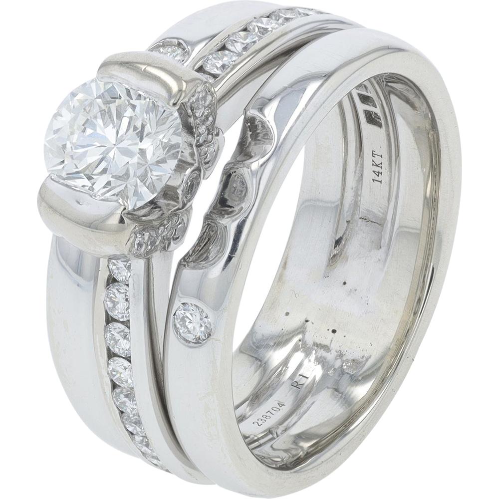 14K White Gold 1.00 Carat Total Weight Round Diamond Engagement Ring with Channel Set Accent Diamonds