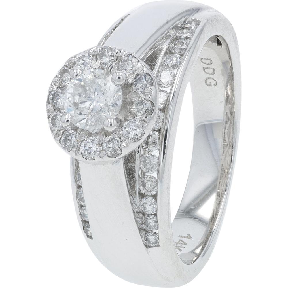 14K White Gold 1.00 Carat Total Weight Round Diamond Halo Engagement Ring with Channel - Set Diamonds