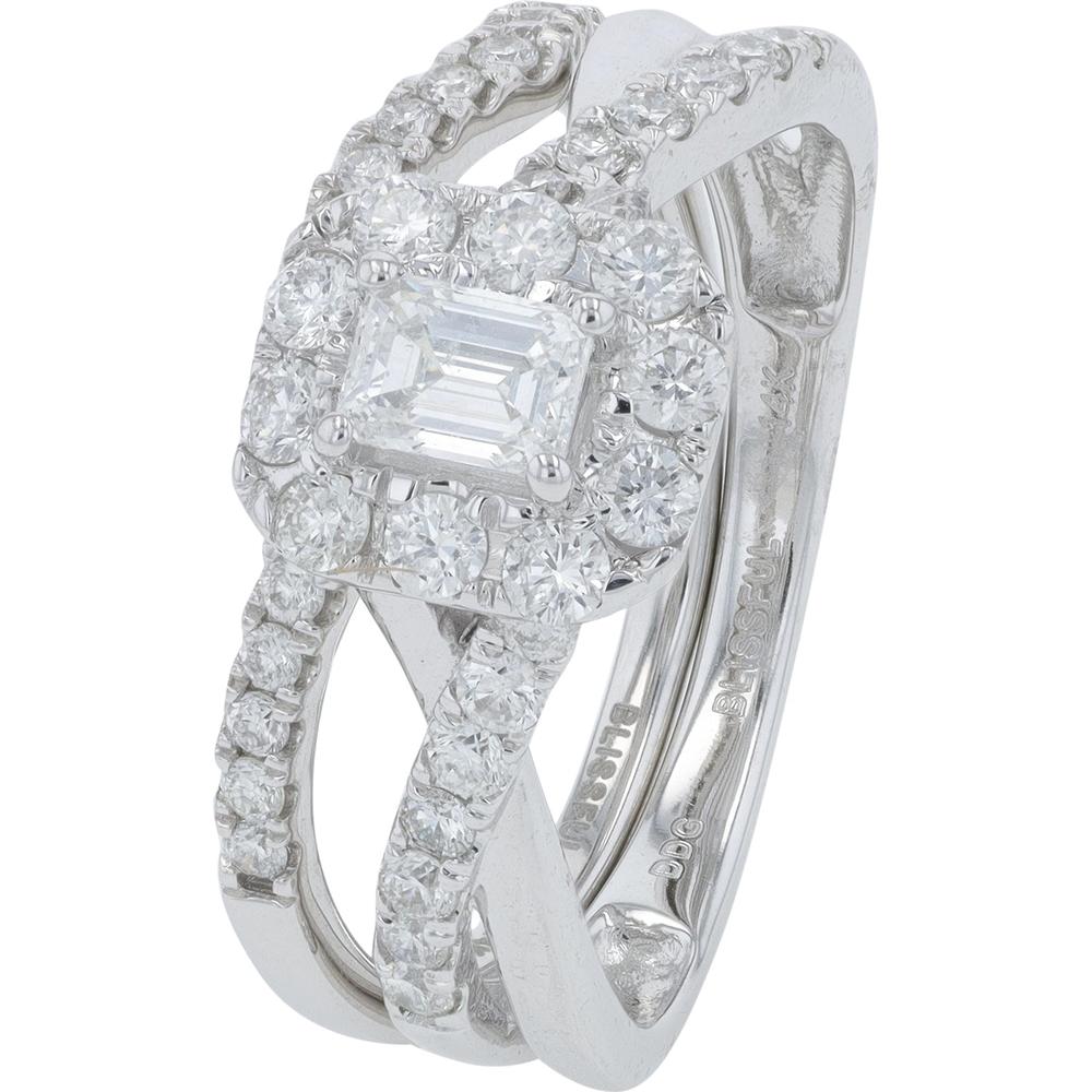 14K White Gold 1.00 Carats Diamond Emerald Cut Halo Bridal Set with Round Diamond Accents